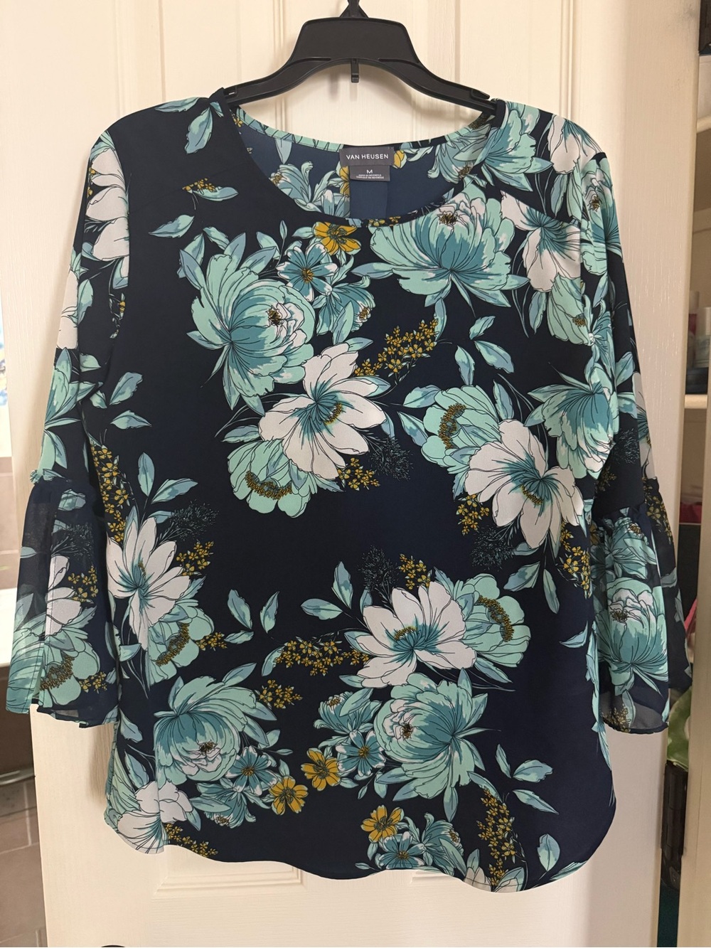 Van Heusen Navy Floral Blouse with Teal & White Blooms